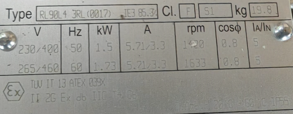 Specificatii Motor trifazat 1.5kw 1400rpm 90B5 Atex zona1